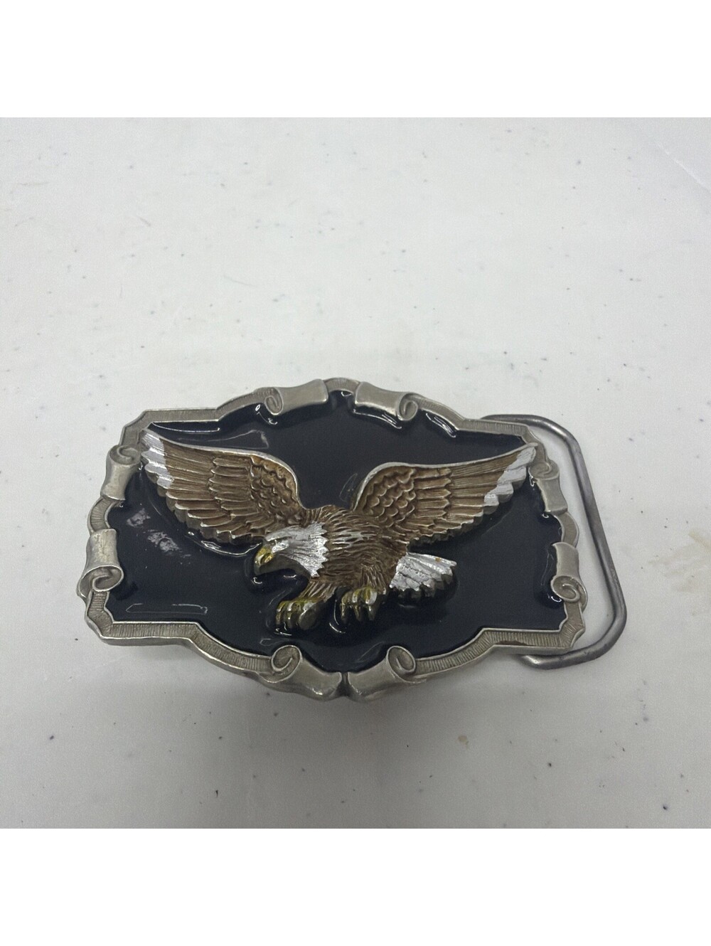Bald Eagle Soaring Belt Buckle Black Scroll Iron Made in USA